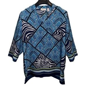 Chicos Size 2 L Satin Pullover Top Tunic Blue Black Paisley 3/4 Sleeves